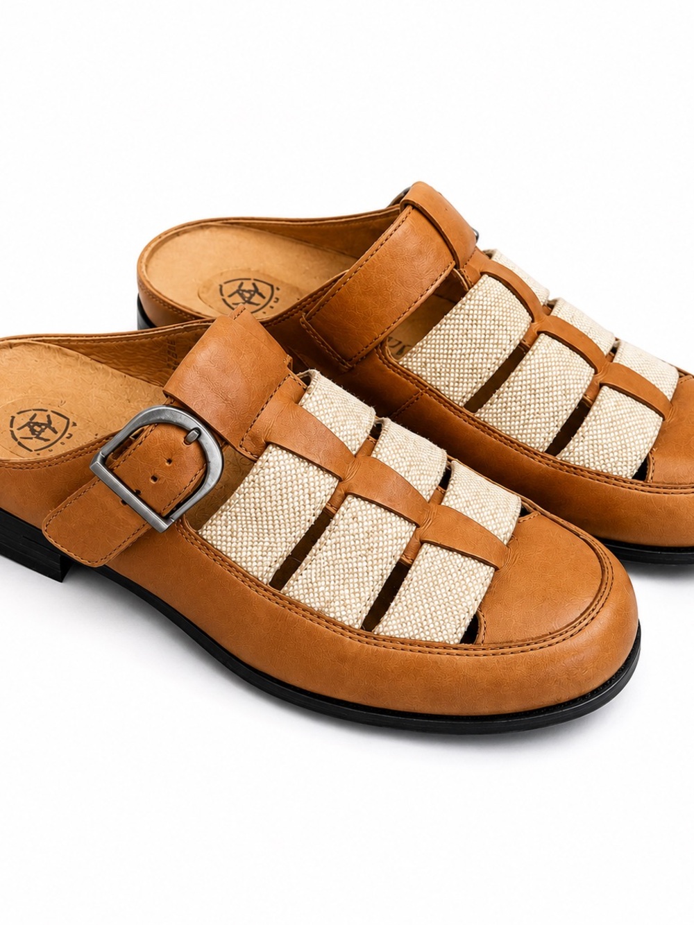 Ariat Tan Leather and Cream Woven Slip-On Loafers
